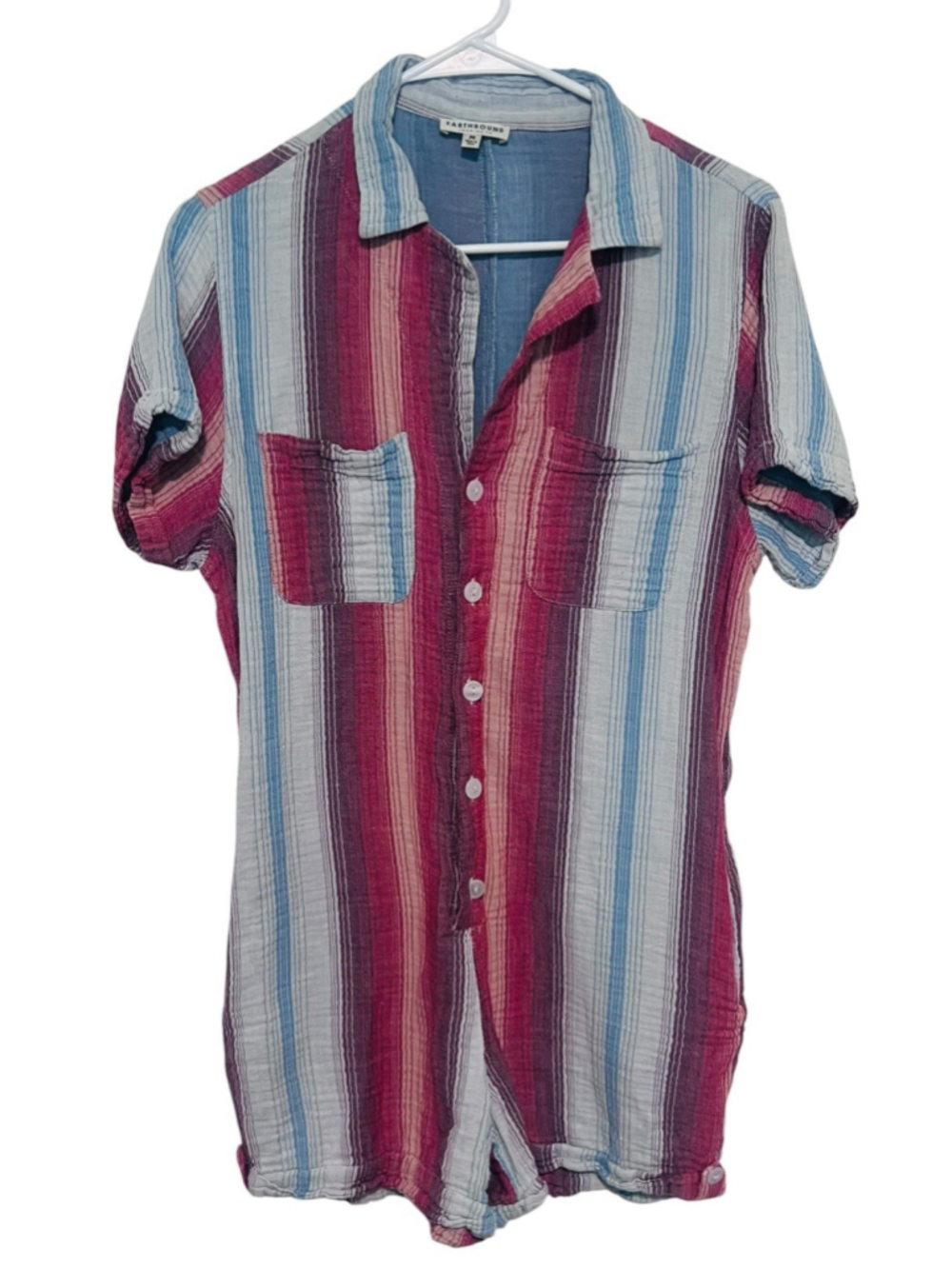 Earthbound Trading Co Romper Women’s Medium Blue Striped Cotton Shorts Pockets